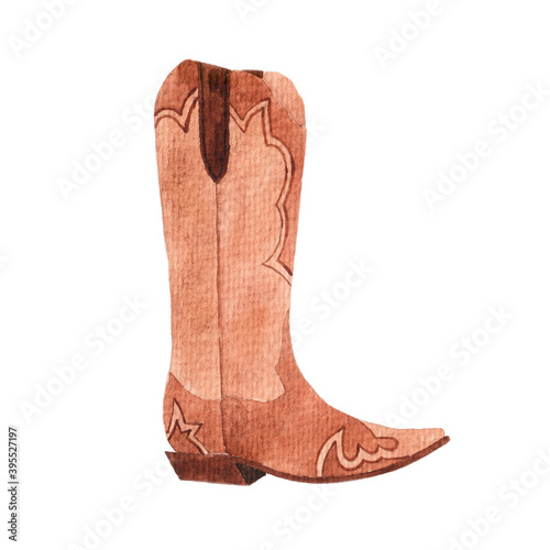 Hand drawing watercolor cowboy boot isolated on white background. Western, wild west, rodeo. Item of clothing, shoes.