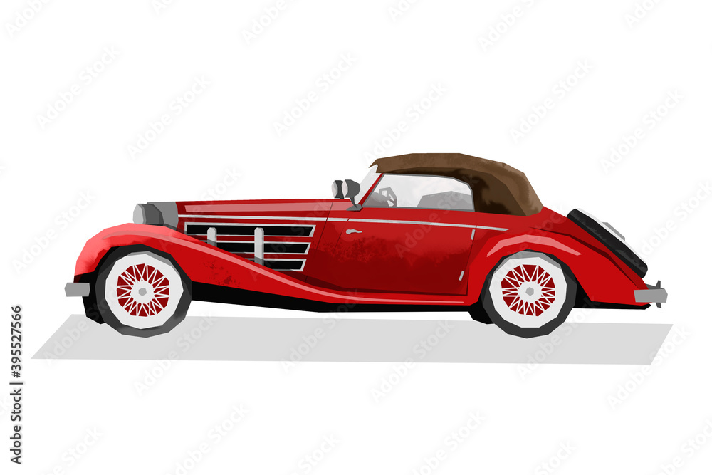 Watercolor retro car. Isolated red vintage auto. Cartoon print for kids room. Side view