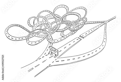 Road closed. Vector cartoon illustration. Choose your road, short way or long complicated dangerous way. Concept of strategy decision, future planning.