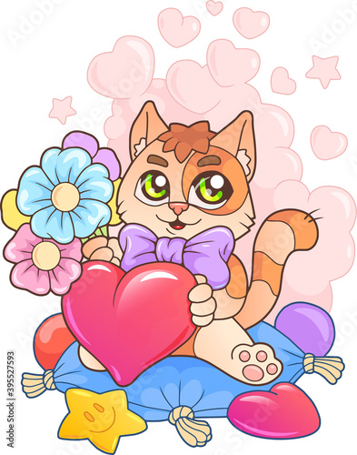 little cute kitten with flowers, funny illustration