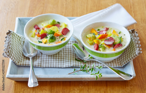 Potato and Brussels sprout stew with cabanossi photo