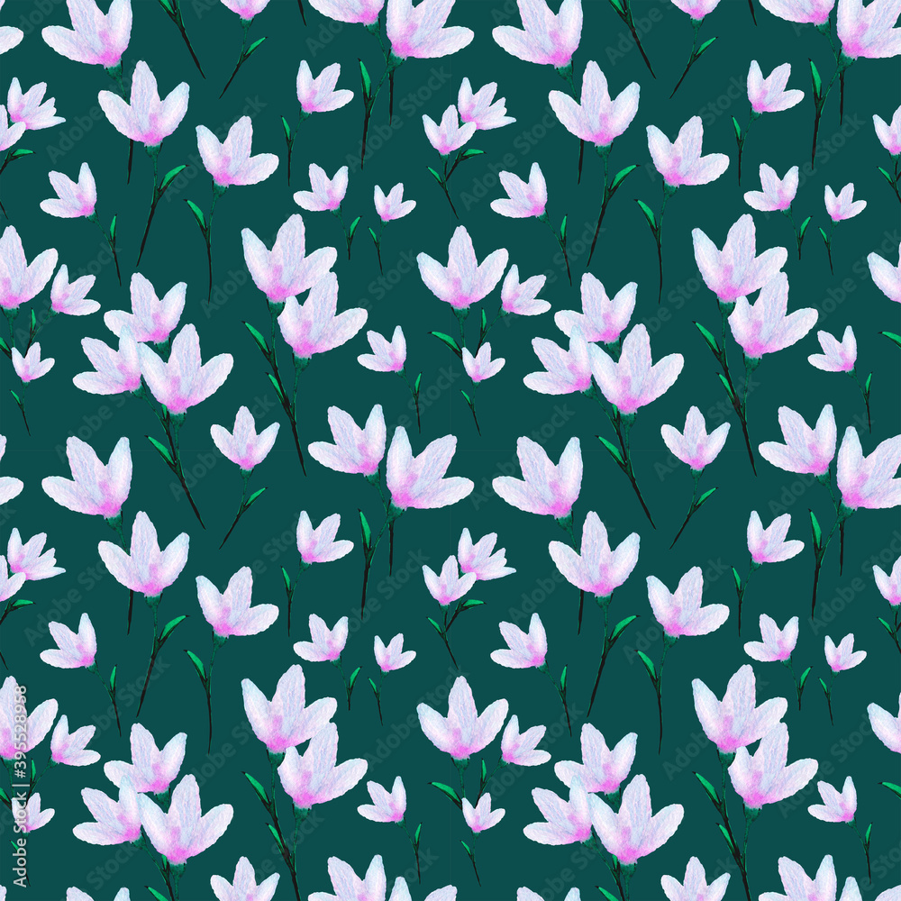 Seamless pattern with hand drawn watercolor crocuses on a green tide background for wedding, mother's day, anniversary, greeting and other design.