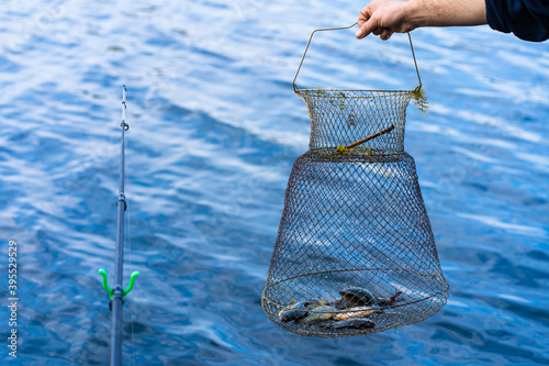 Fish catch in a net box. Fishing hobby and leisure. Silent hunting photo