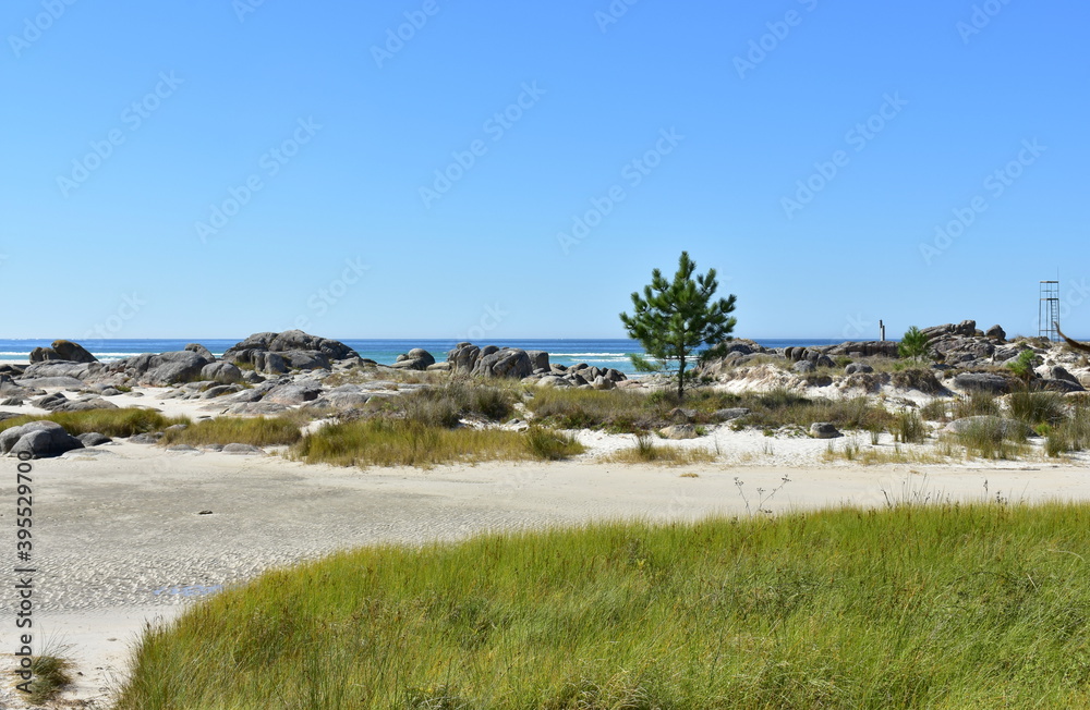 Famous Carnota Beach or Playa de Carnota, the largest galician beach at famous Rias Baixas region. Coruña Province, Galicia, Spain.