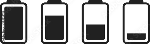 Illustration of battery level indicators. Battery life, accumulator, battery running low, battery recharging vector