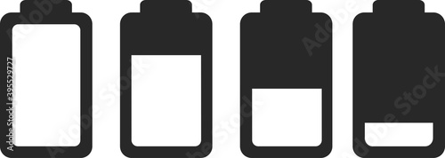 Illustration of battery level indicators. Battery life, accumulator, battery running low, battery recharging vector