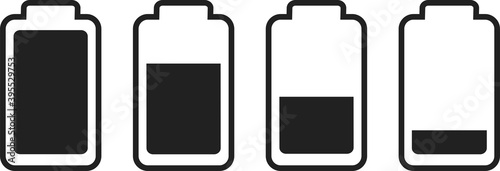 Illustration of battery level indicators. Battery life, accumulator, battery running low, battery recharging vector