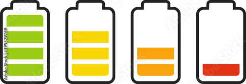 Illustration of battery level indicators. Battery life, accumulator, battery running low, battery recharging vector