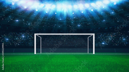 Football stadium penalty spot view with empty goal and cheering fans on background. Digital 3D illustration for sport advertising. 