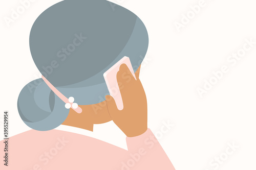 Elderly woman speaking on the phone. Back view of senior lady using mobile device / smartphone. Flat vector illustration with copy space.
