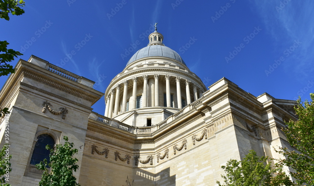 View of Le Pantheon located at the Latin Quarter with blue sky. Paris, France.