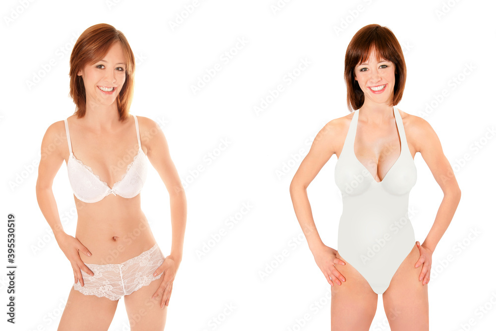 Closeup portraits of a slim young women wearing underwear and swimwear, isolated on white studio background Closeup portraits of a slim young women wearing underwear and swimwear, isolated on white studio background