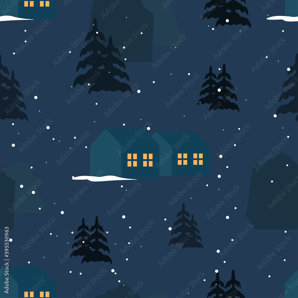 Fototapeta premium Vector pattern with winter landscape in the village