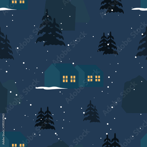 Vector pattern with winter landscape in the village