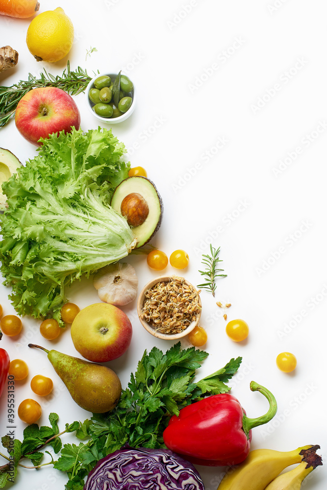 Healthy raw organic vegetables, herbs, sprouts and fruits Healthy raw organic vegetables, herbs, sprouts and fruits