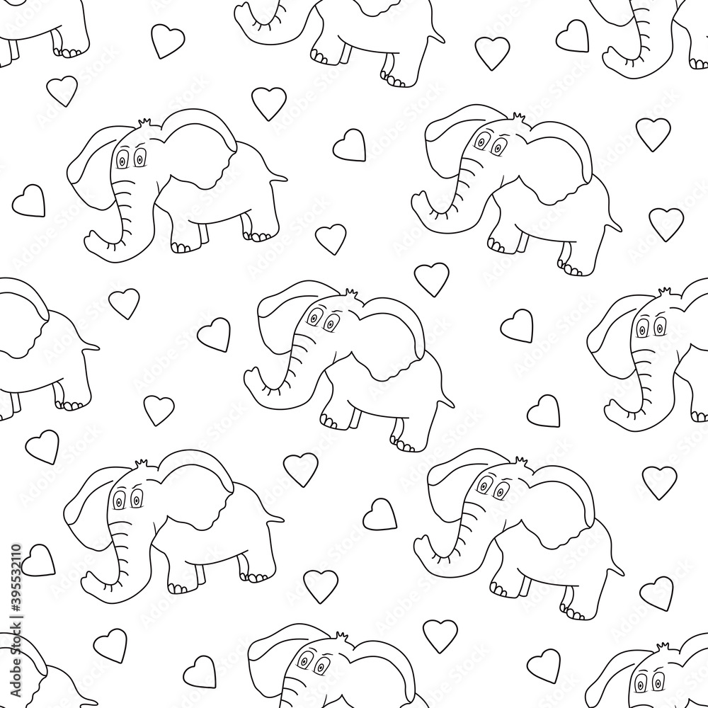 Elephant seamless pattern. Cute animal and hearts.