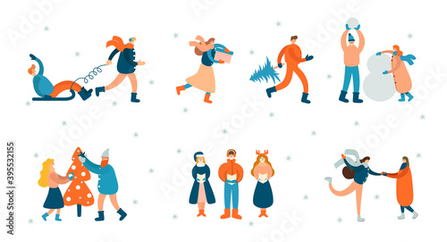 Merry Christmas background with winter outdoor leisure activities on white background, people sledding, ice skating, decorating christmas tree, singing Christmas songs etc. Flat vector illustration. © Alina