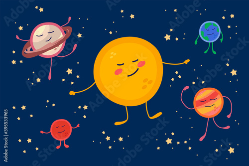 Cute planets in the solar system. Cartoon universe in a circle of stars for children: Sun, Earth, Moon, Mars, Jupiter, Venus. Beautiful space background for children's textile design. Cute planets and