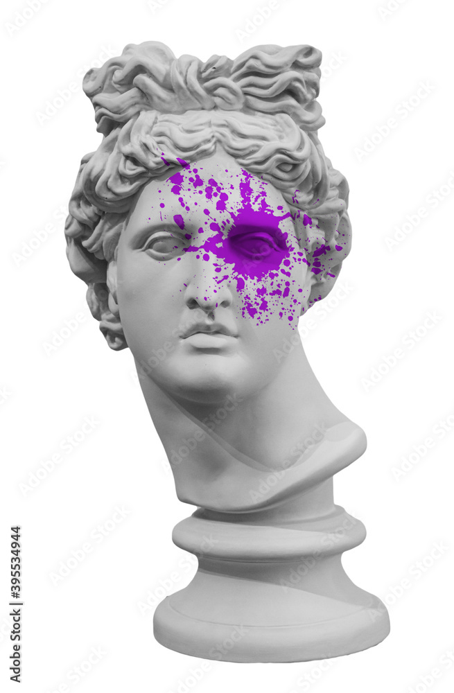 Ancient statue of Apollo God of Sun head isolated on a white background with paint splash. Plaster sculpture of man face. Renaissance portrait Ancient statue of Apollo God of Sun head isolated on a white background with paint splash. Plaster sculpture of man face. Renaissance portrait