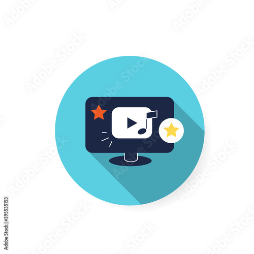 Free Download Music video flat icon. Multimedia player sign on computer. Video and audio media content concept. Play button for blog or website. Color vector illustration with shadow  - GFXLoad