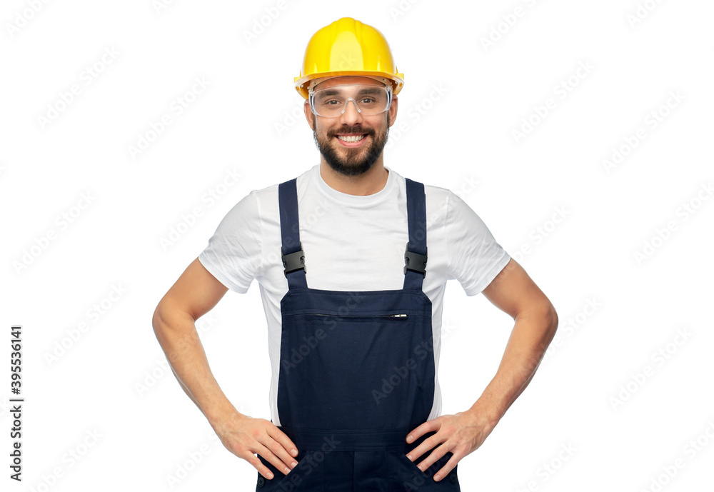 profession, construction and building - happy smiling male worker or builder in yellow helmet and overall over white background profession, construction and building - happy smiling male worker or builder in yellow helmet and overall over white background