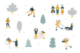 Merry Christmas background with winter outdoor leisure activities on white background, people ice skating, sledding, singing christmas songs, making a snowman. Cute people in modern style.