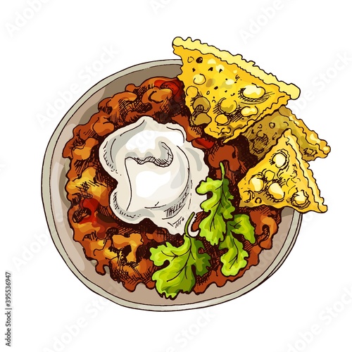 Chili con carne in bowl - mexican traditional food. Vector vintage hatching