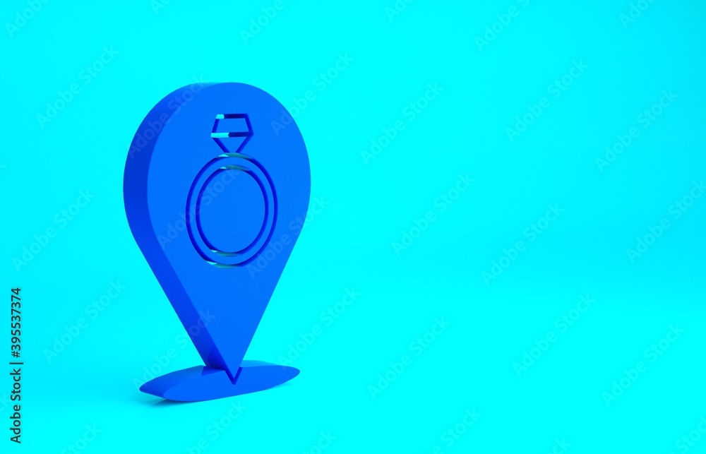 Blue Wedding rings icon isolated on blue background. Bride and groom jewelry sign. Marriage symbol. Diamond ring. Minimalism concept. 3d illustration 3D render.