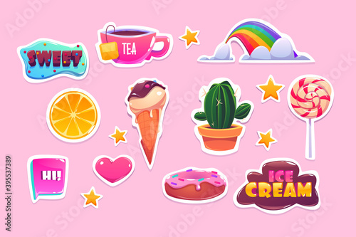 Cute stickers set with rainbow, heart, sweets and stars. Vector cartoon icons of donut, ice cream, orange and quotes. Patches with fun symbols, cactus, tea and lollipop isolated on pink background