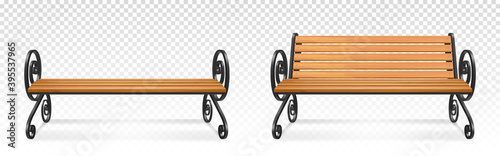 Print op canvas Wooden park benches, outdoor brown wood seats with decorative ornate forged metal legs and armrests