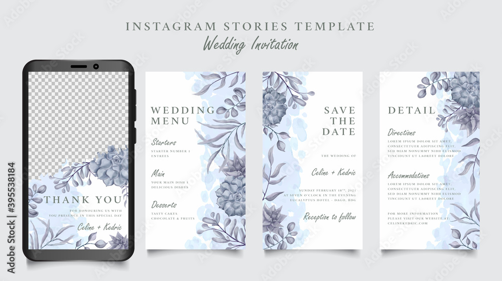 Wedding instagram stories template with hand drawn floral background