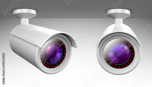 Security cam, cctv video camera, street observe surveillance equipment front and side angle view. Secure guard eye and crime prevention isolated on white background. Realistic 3d vector illustration