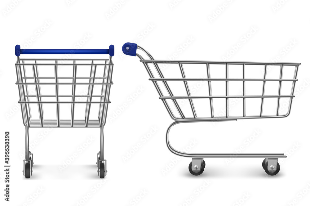Shopping trolley back and side view, empty supermarket cart isolated on white background. Customers equipment for purchasing in retail shop, grocery and store market. Realistic 3d vector illustration
