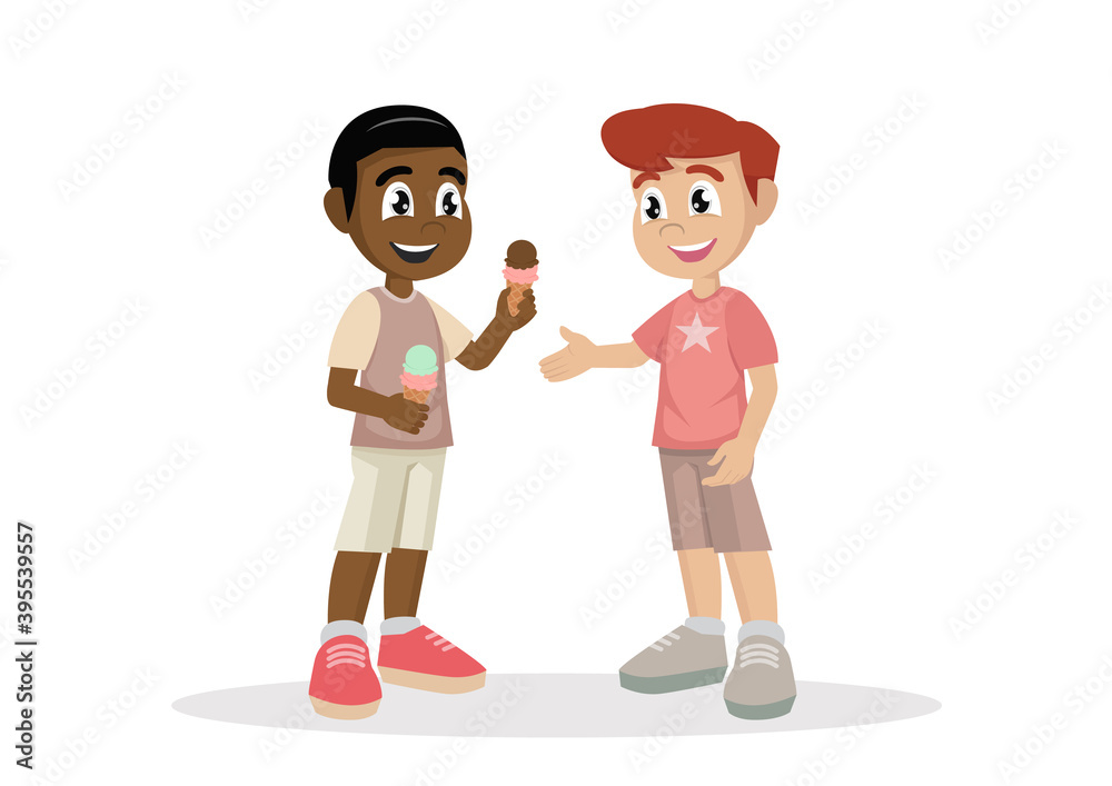 happy cute kid boy give friend Ice cream