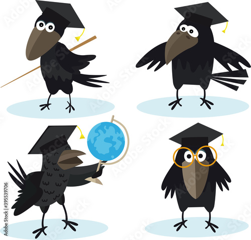 Cartoon set crow with bachelor cap and globus vector image