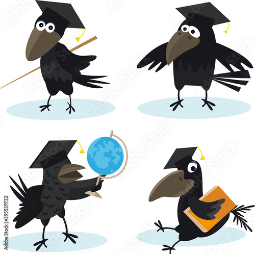 Cartoon set crow with bachelor cap and globus vector image