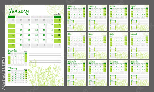 Calendar 2022. Vertical quarterly calendar in a romantic style with hand drawn flowers. Daffodils in light green.