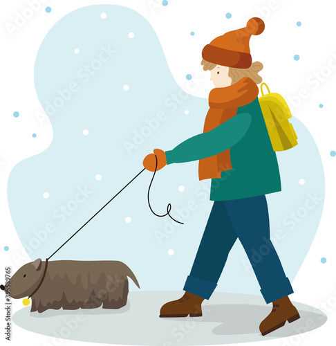 Winter activities girl walking with dog and vector image