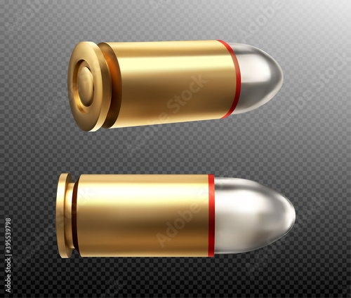 Bullets side and rear view. Copper or gold colored nine mm shots with steel head for parabellum. Military handgun ammo weapon metal gunshots isolated on transparent background realistic 3d vector icon