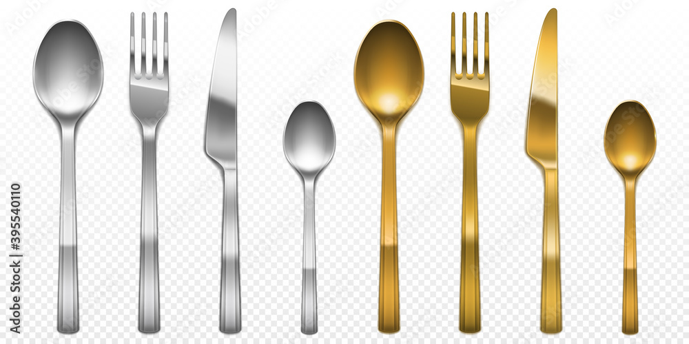3d cutlery of golden and silver color fork, knife and spoon set. Silverware and gold utensil, catering luxury metal tableware top view isolated on transparent background, Realistic vector illustration - obrazy, fototapety, plakaty 