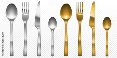 3d cutlery of golden and silver color fork, knife and spoon set. Silverware and gold utensil, catering luxury metal tableware top view isolated on transparent background, Realistic vector illustration