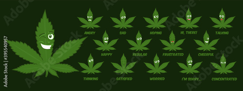 set of green cartoon mascot marijuanna/cannabis characters with various face expressions, vector flat illustration