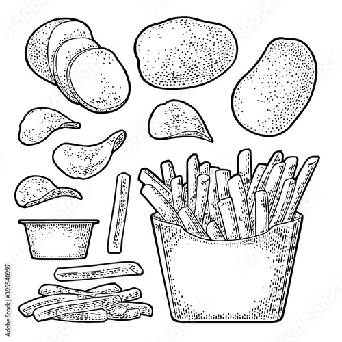 French fry stick potato in paper box and chips.