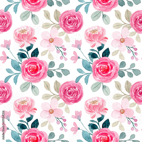 Seamless pattern with watercolor pink rose flower
