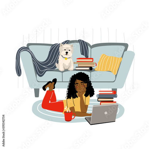 Young african american girl is lying on the floor with laptop at home. Online learning concept. People who study at home. Vector illustration in flat style.