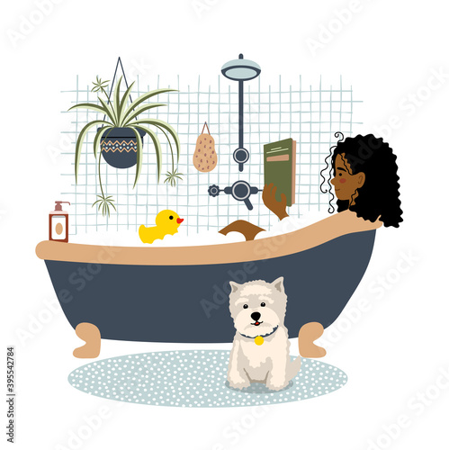 Young african american girl relaxes in bath and reads book. Daily life and everyday routine. Girl is in cozy bathroom with home plants and dog. Cartoon vector illustration in flat style.
