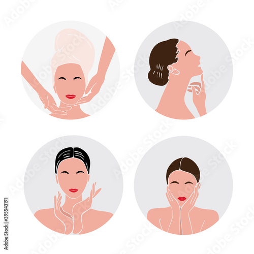 Face care. Beauty salon. European woman. Spa. Vector illustration. Icon