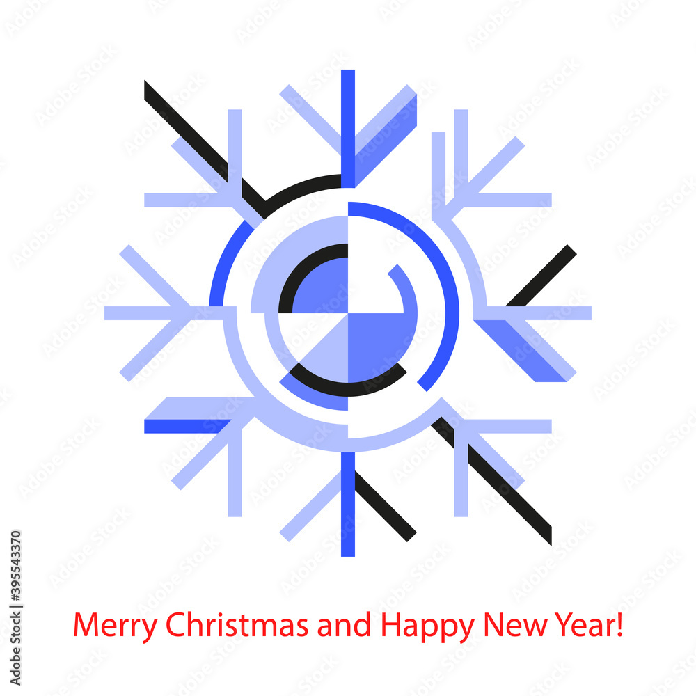 Merry Christmas and Happy New Year! Greeting card in minimal geometric design with snowflake on white background. Merry Christmas and Happy New Year! Greeting card in minimal geometric design with snowflake on white background.