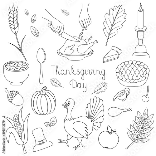 Thanksgiving Day. Sketch. Set of vector illustrations. Outline on an isolated white background. Lettering. Collection of festive elements. Doodle style. Leaves  turkey  fried chicken cutting  pumpkin.