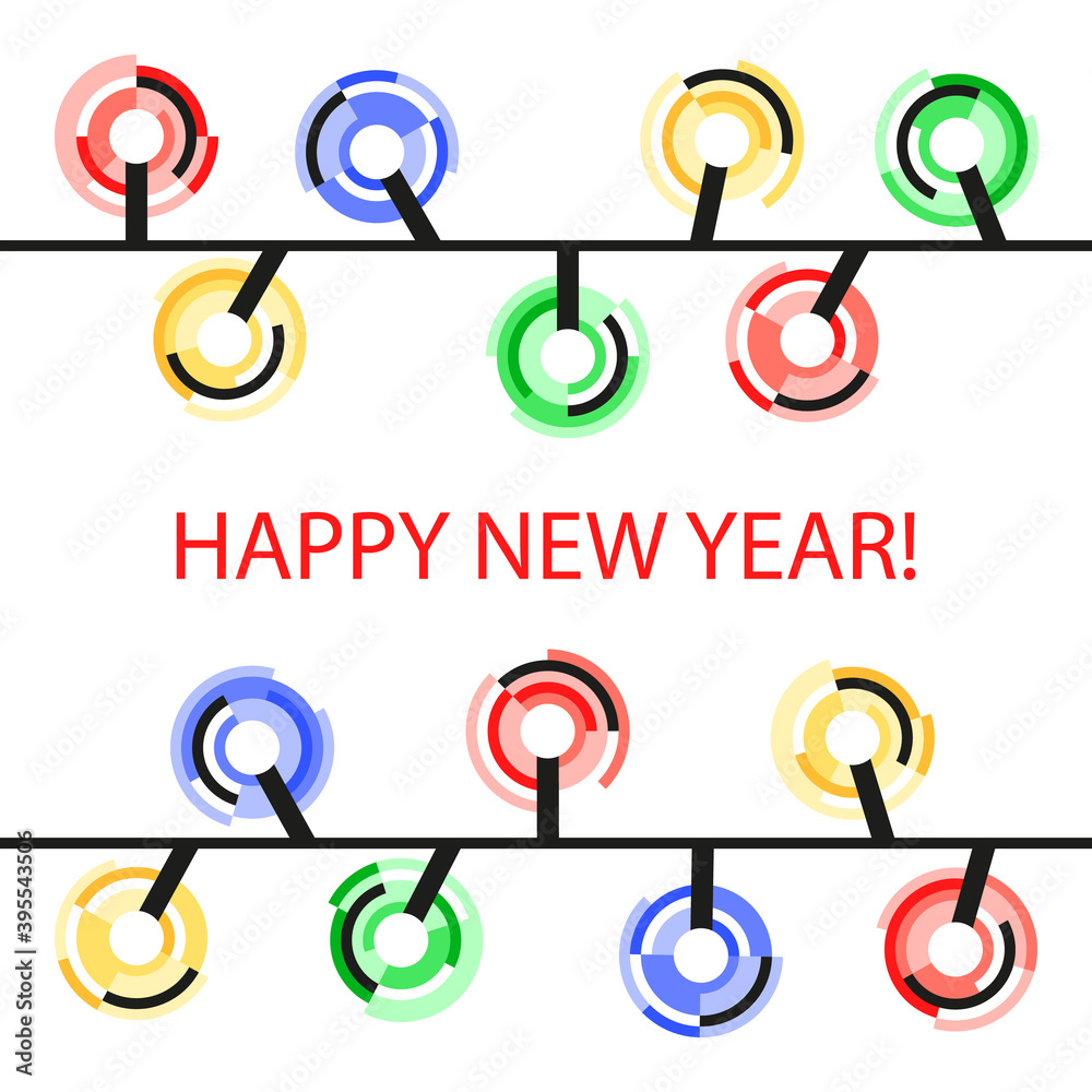 Merry Christmas and Happy New Year! Greeting card in minimal geometric design with colorful Christmas tree lights on white background. Merry Christmas and Happy New Year! Greeting card in minimal geometric design with colorful Christmas tree lights on white background.